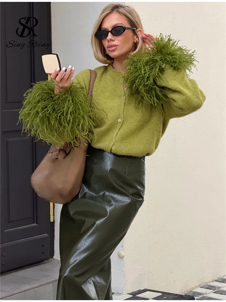 Green Feather Trim Knit Cardigan