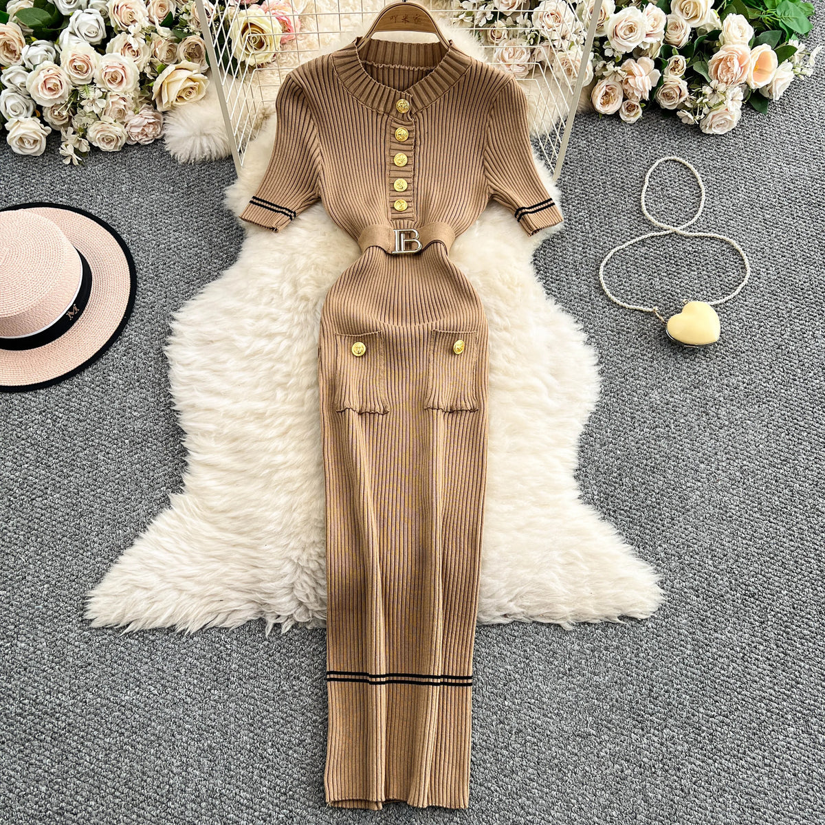 Belted Knit Pencil Maxi Dress