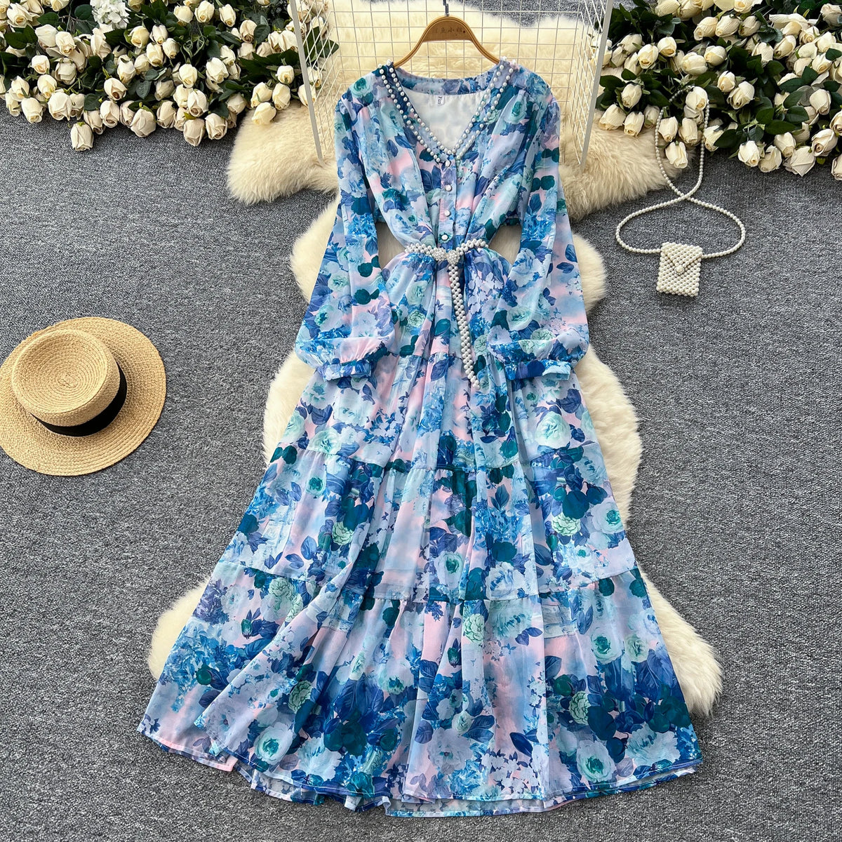 Rhinestone Chain Print Lantern Sleeve Long Dress