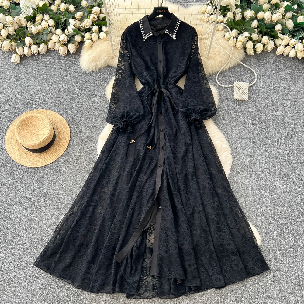 Beaded Collared Long Sleeve Dress