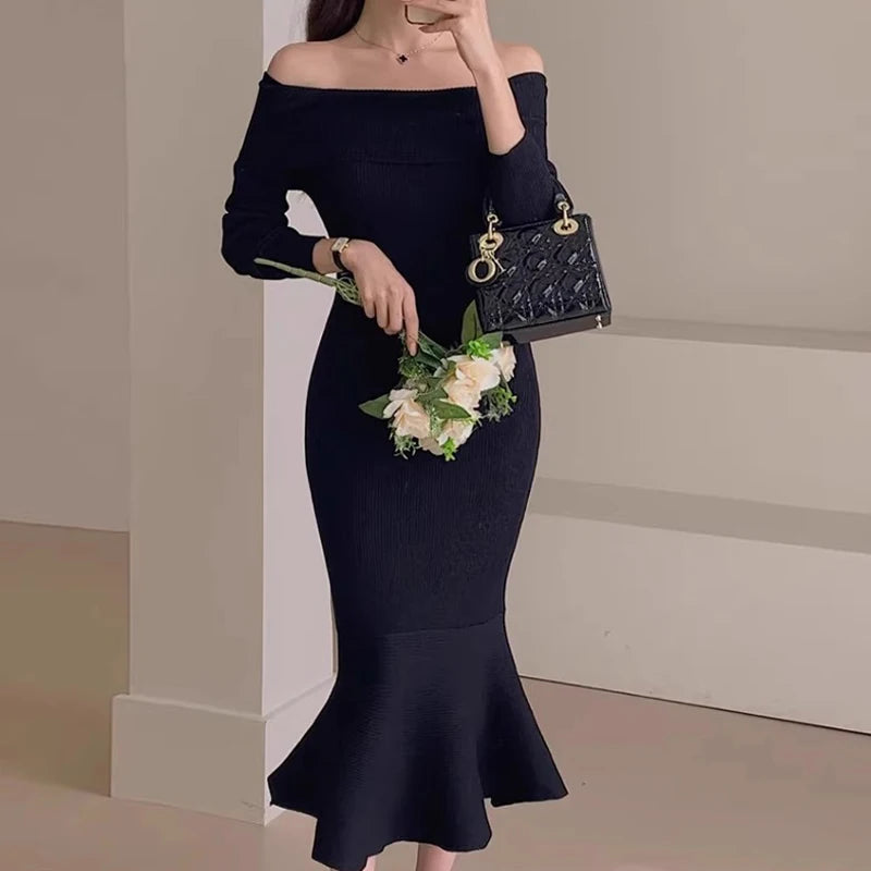 Off-Shoulder Long Sleeve Knit Mermaid Dress