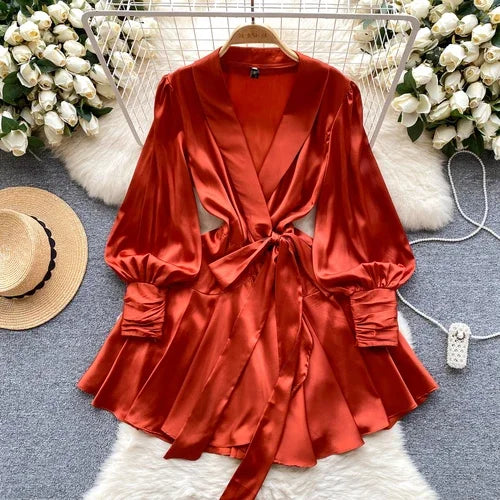 French Solid V-Neck Puff Sleeve A-Line Dress