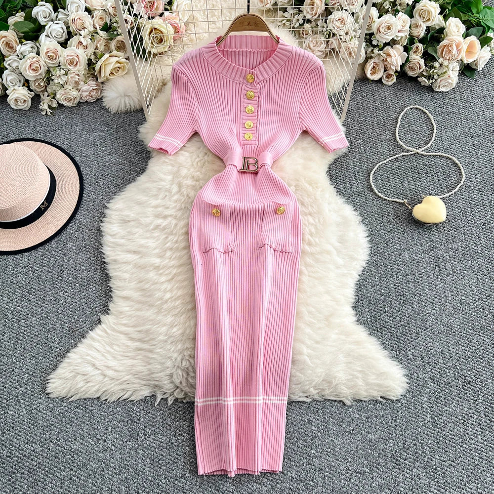 Belted Knit Pencil Maxi Dress