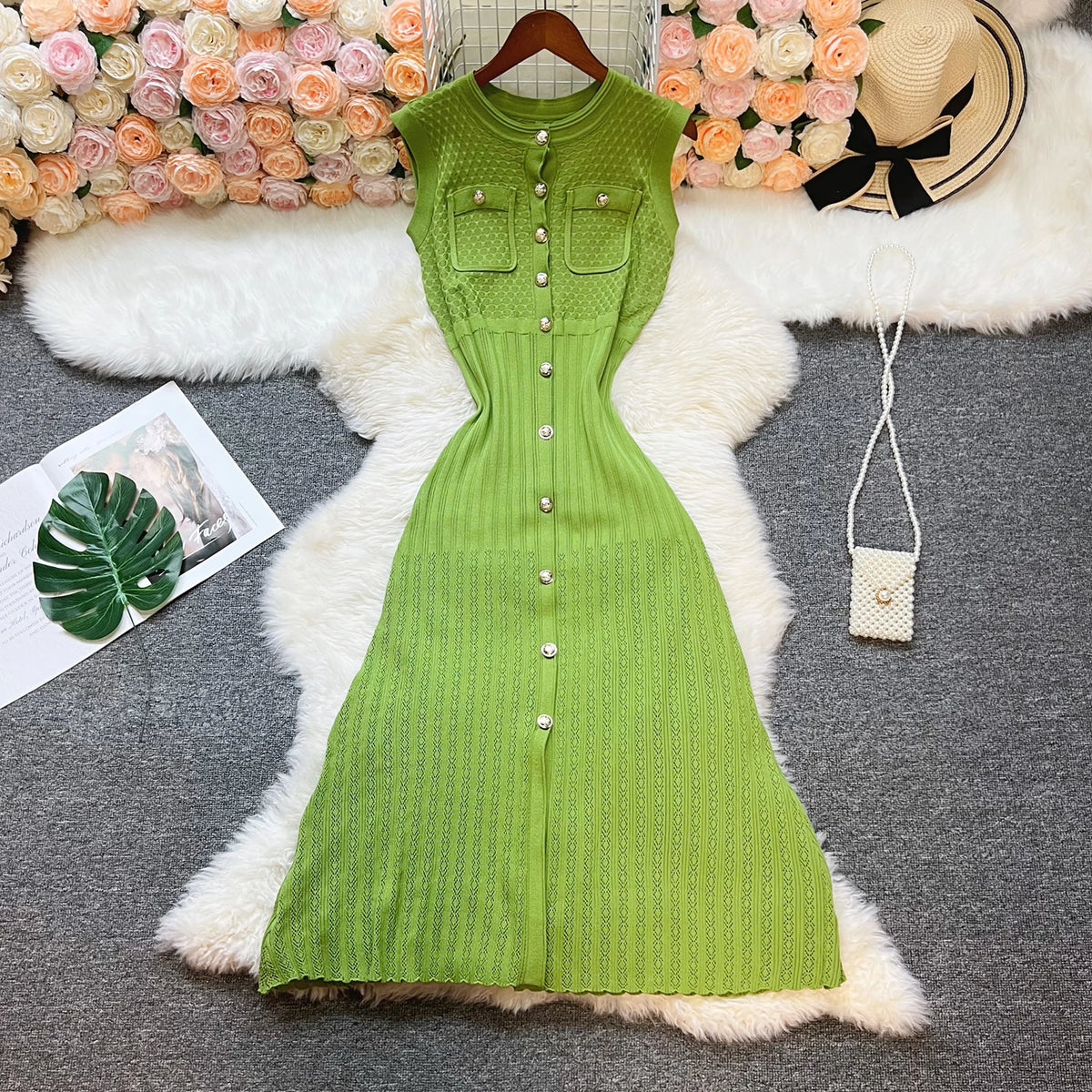 Patchwork Knit A-Line Maxi Shirt Dress