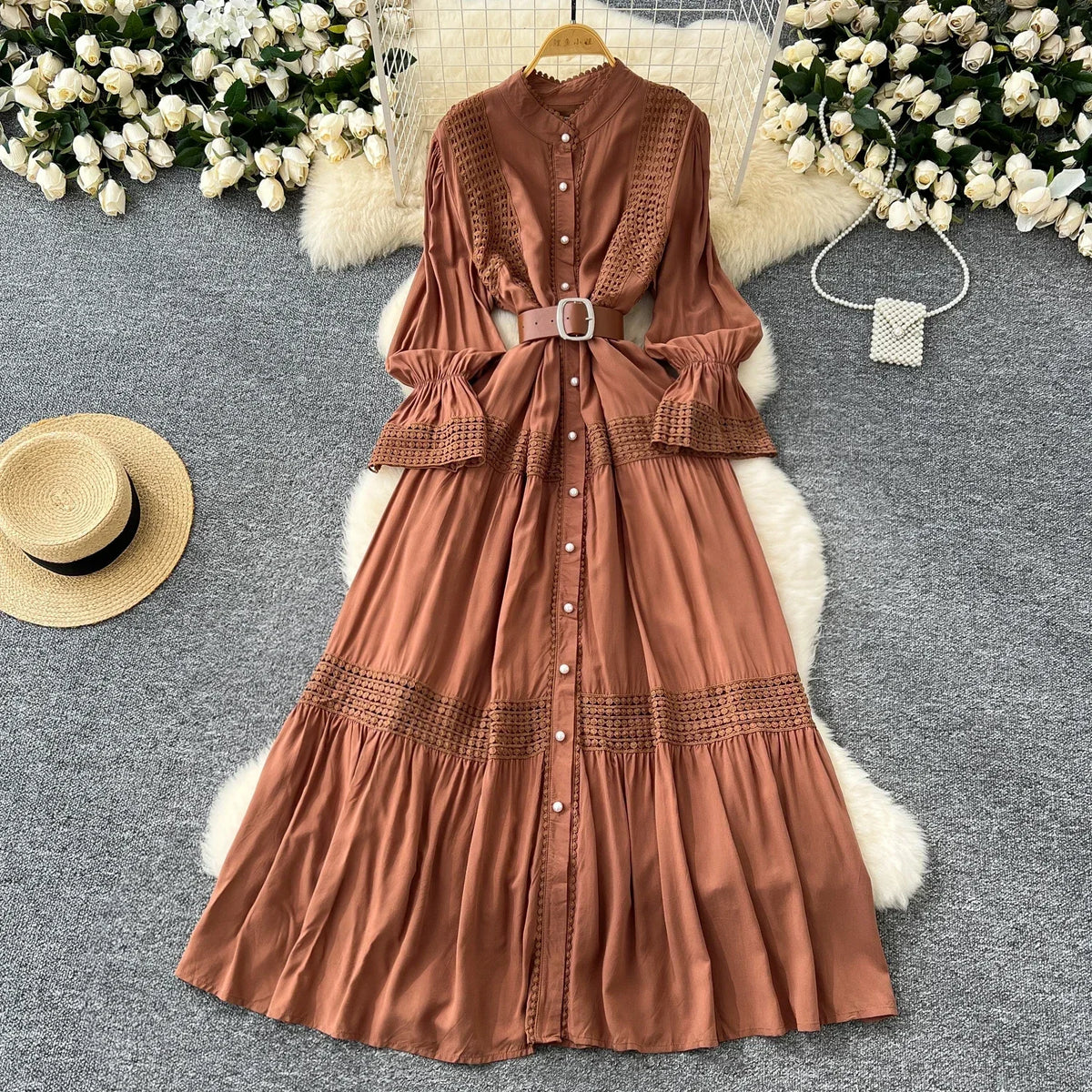 Lace Stand Collar Button Long Sleeve Dress