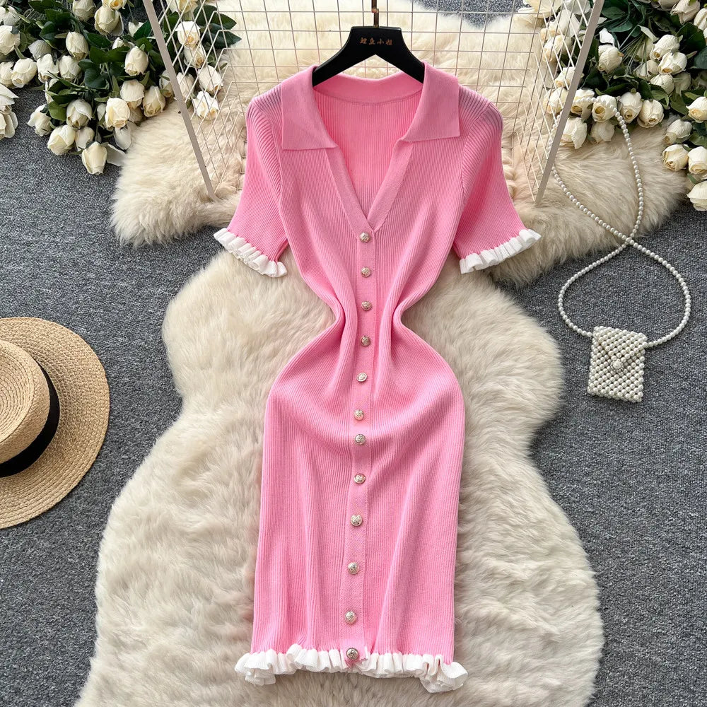 Ruffle Knit Button V-Neck Pencil Dress