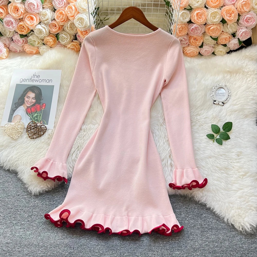 Solid Ruffled Knit A-Line Mini Dress
