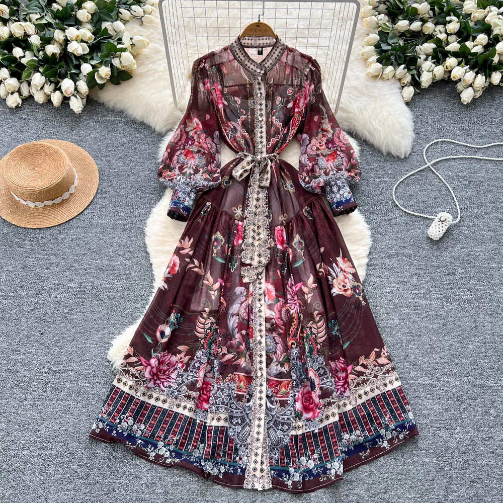 Print Lace-Up Single Breasted Long Dress