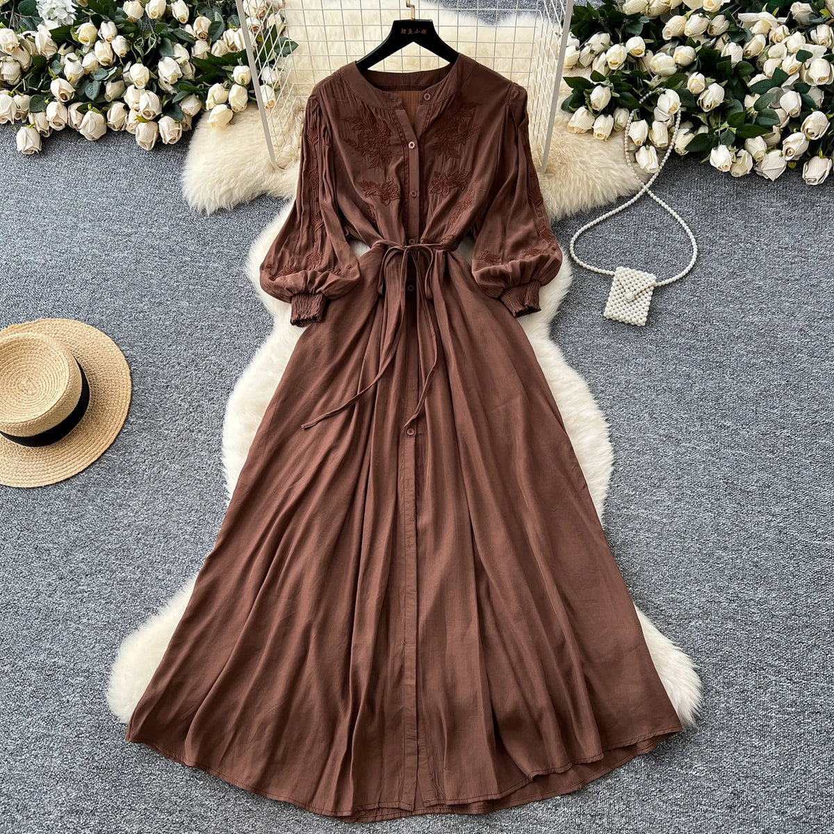 Embroidered Button A-Line Summer Dress