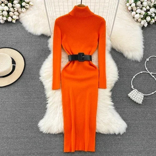 Belted Turtleneck Knit Pencil Dress
