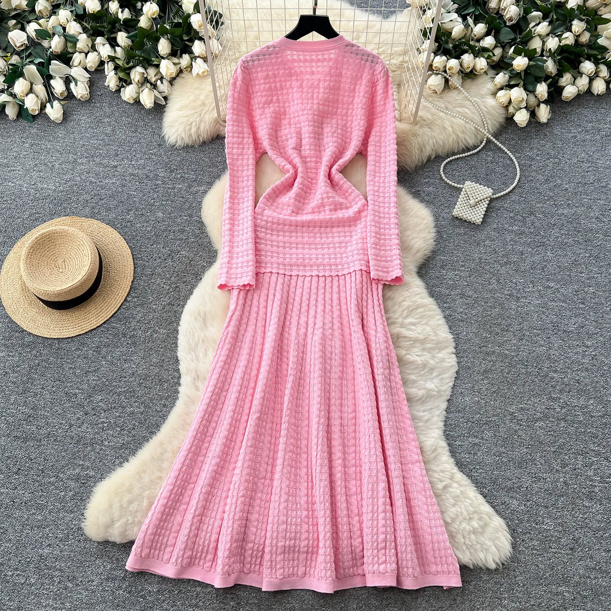 Pleated Tweed Knit A-Line Maxi Dress