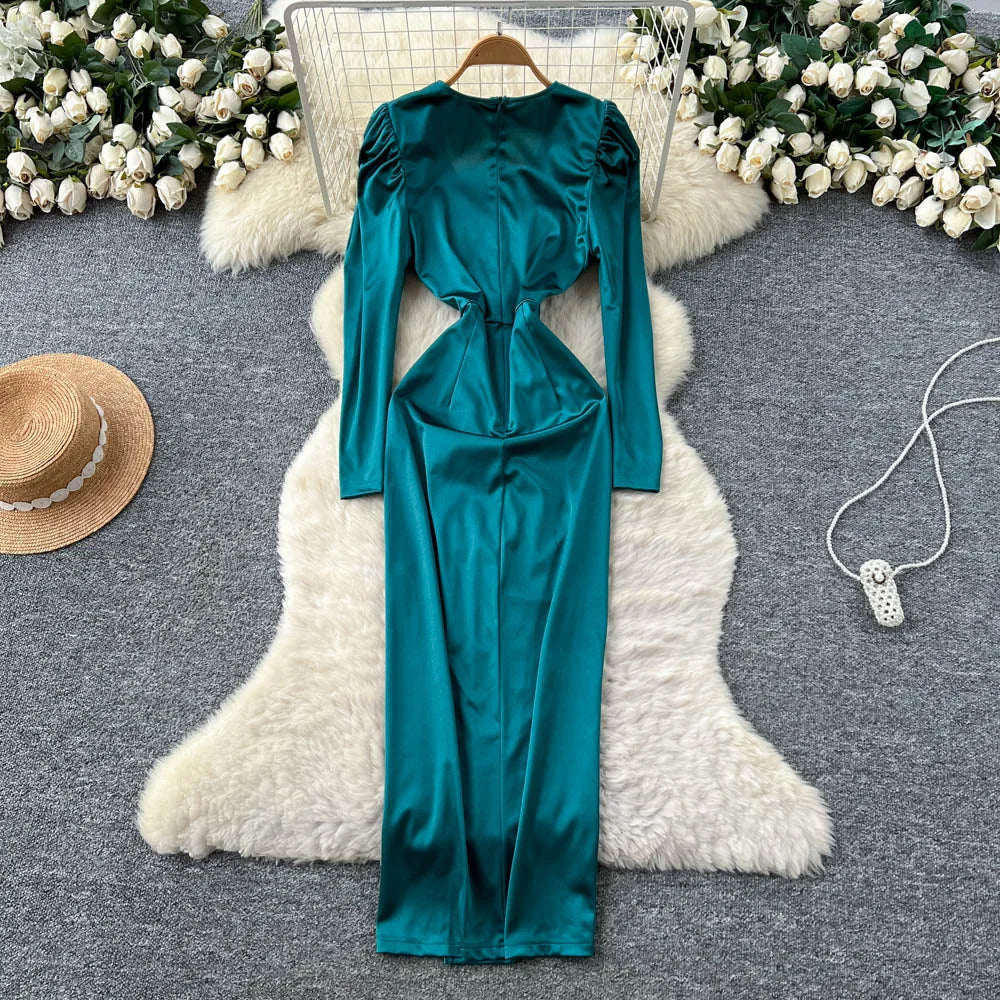 Satin V-Neck Long Sleeve Pencil Dress