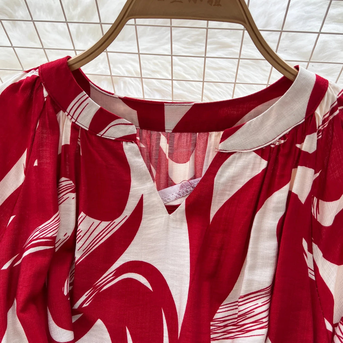 Print V-Neck Lantern Sleeve A-Line Maxi Dress
