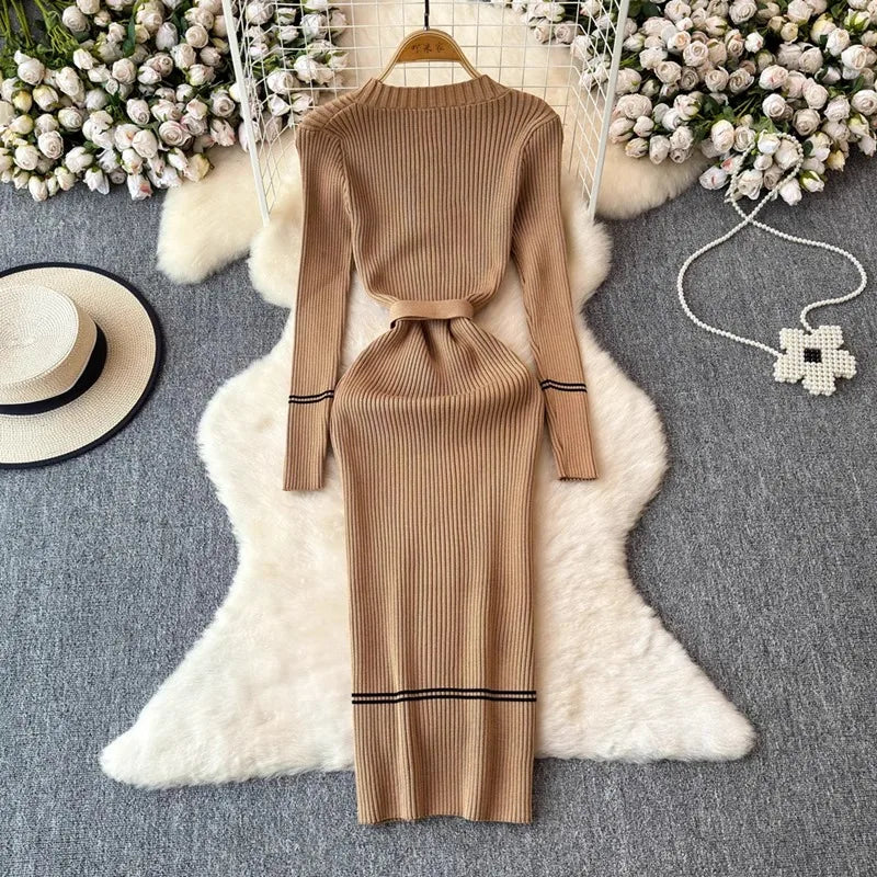 Belted Knit Bodycon Maxi Sweater Dress