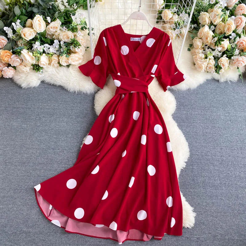 Polka Dot Tie Waist V-Neck Dress