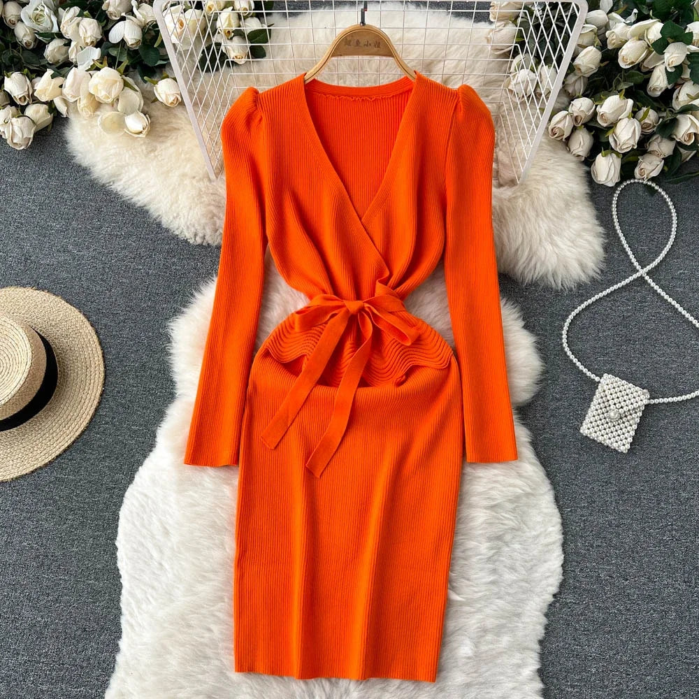 Lace-Up V-Neck Knit Bodycon Dress