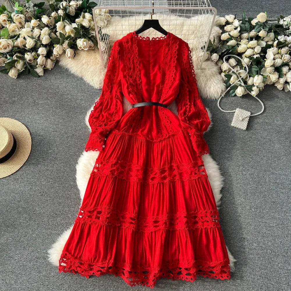 Lace Cutout Puff Sleeve Sash Dress
