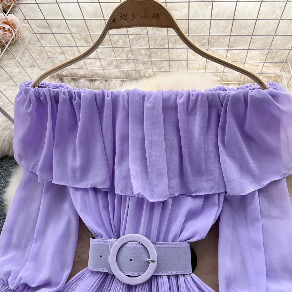 Off-Shoulder Pleated Long Sleeve Sundress