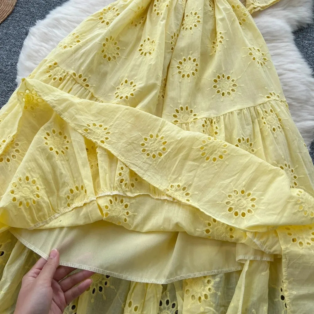 Crochet Embroidered V-Neck Short Sleeve Dress