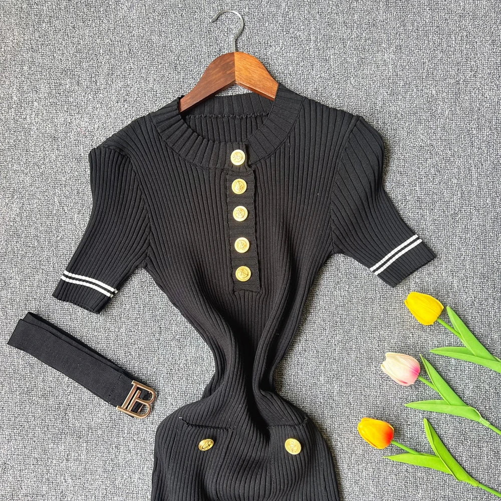 Belted Button Knit Bodycon Sweater Dress