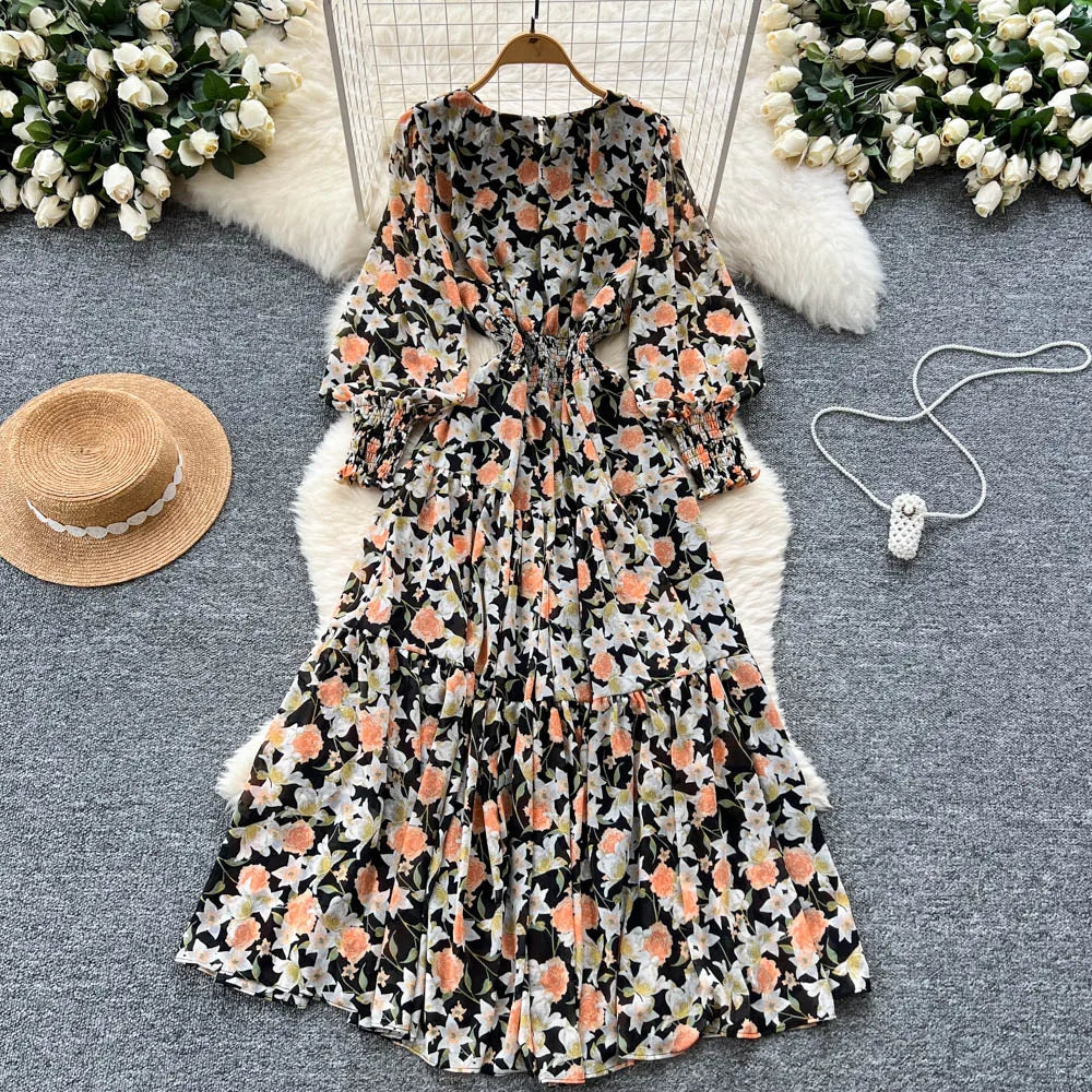 Print Lantern Sleeve High Waist Beach Dress