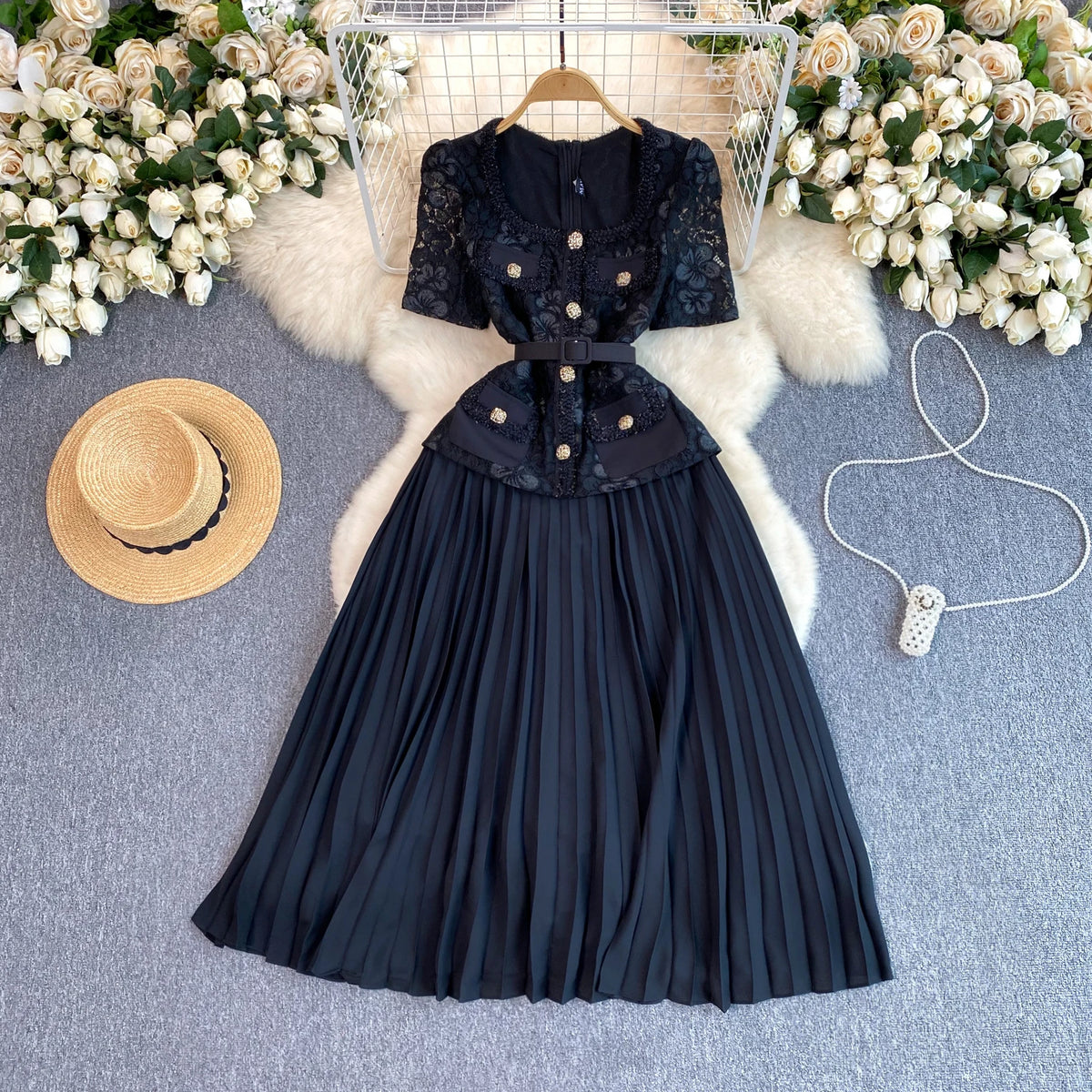 Square Neck Lace Patchwork Pleated Dress