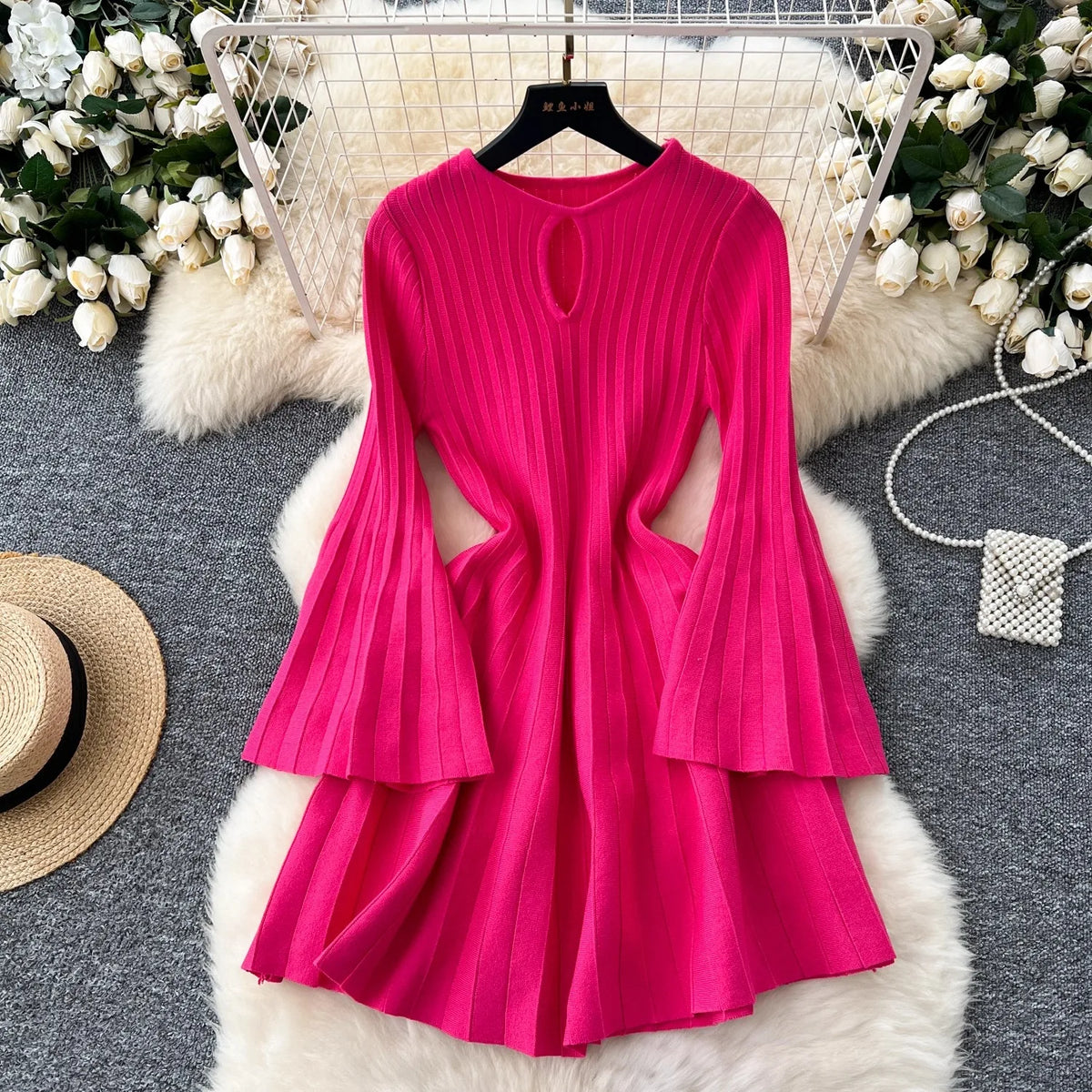Flare Sleeve Knit A-Line Mini Dress