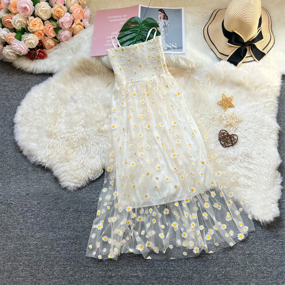Daisy Print Layered Mesh Maxi Dress