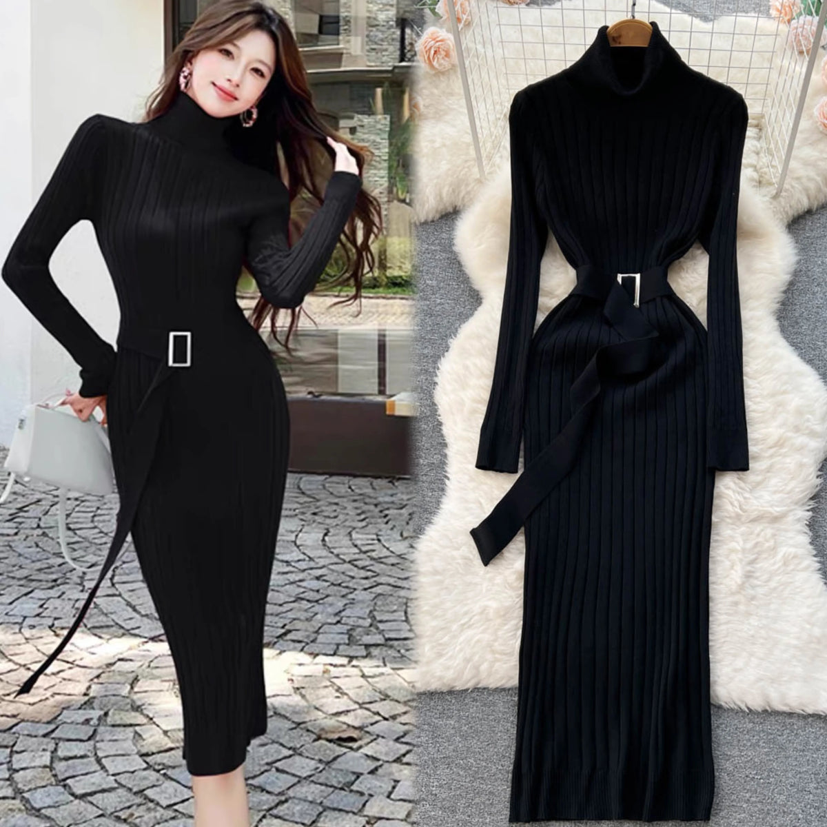 Ribbed Knit Wrap Maxi Sweater Dress