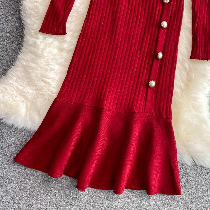 Long Sleeve Button Rib Knit Mermaid Dress