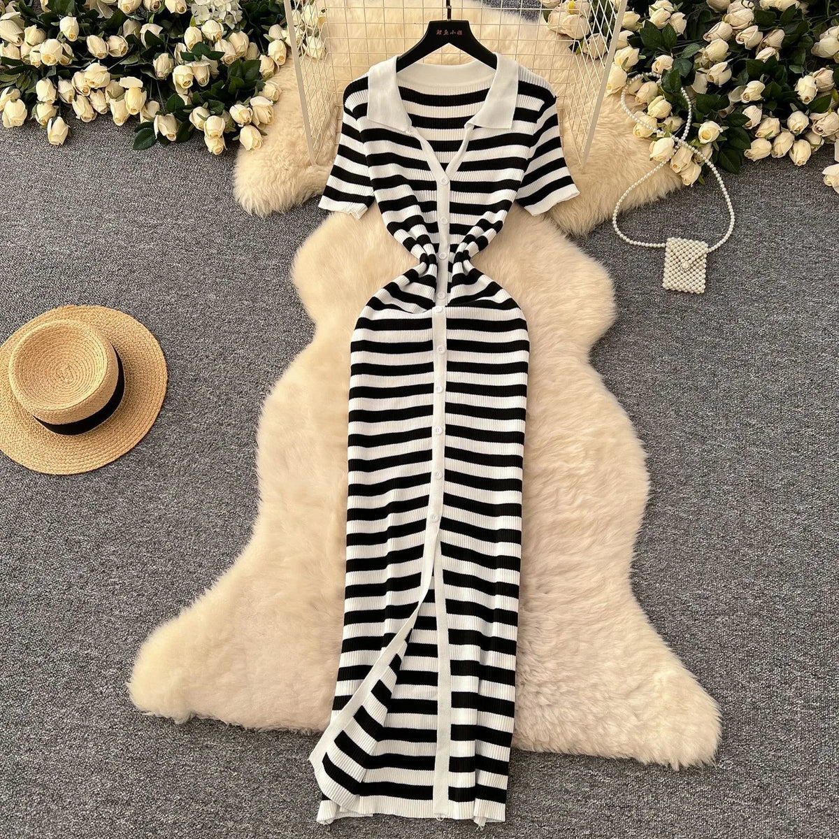 Black And White Striped Knit Bodycon Maxi Dress