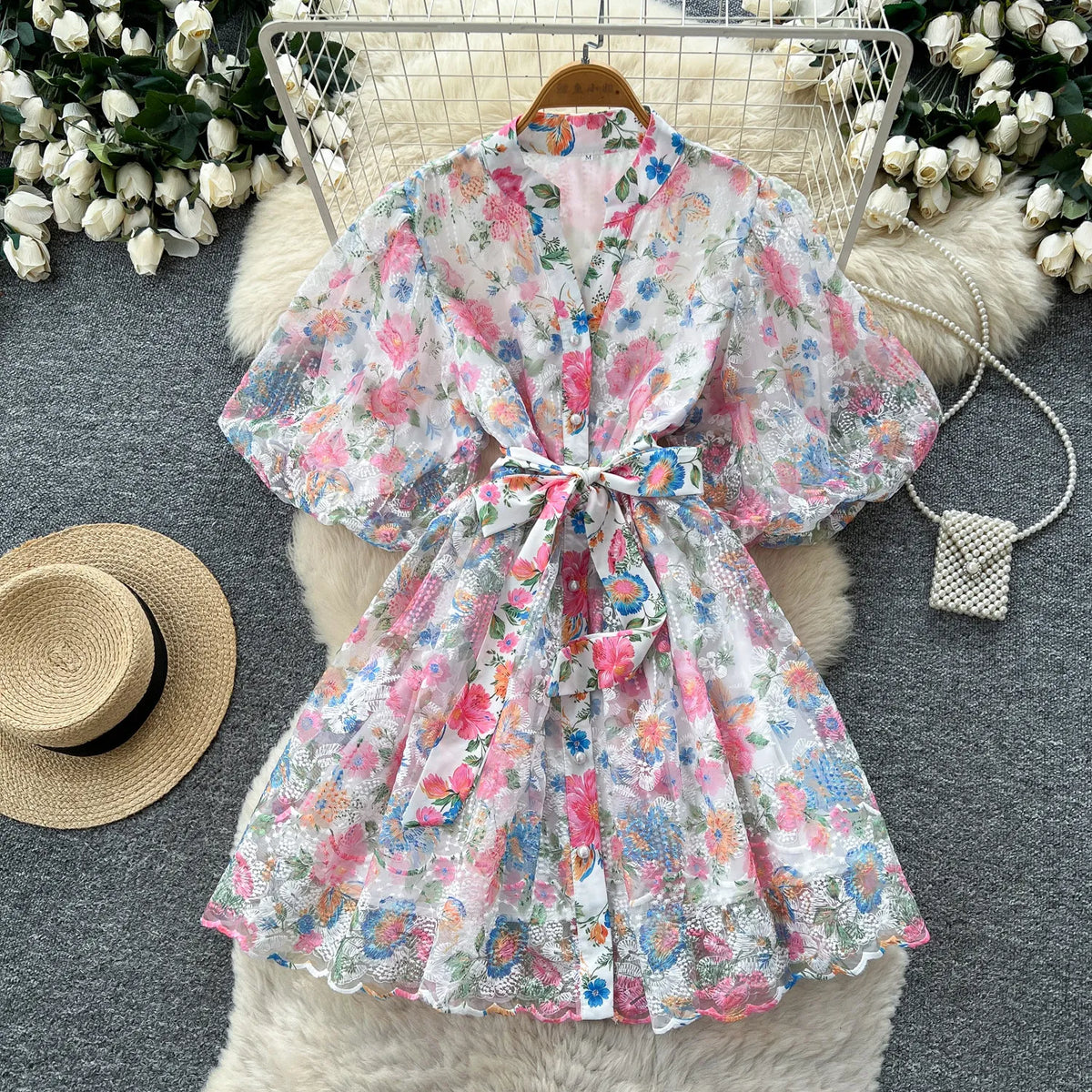 Floral Embroidered Puff Sleeve Tulle Mini Dress