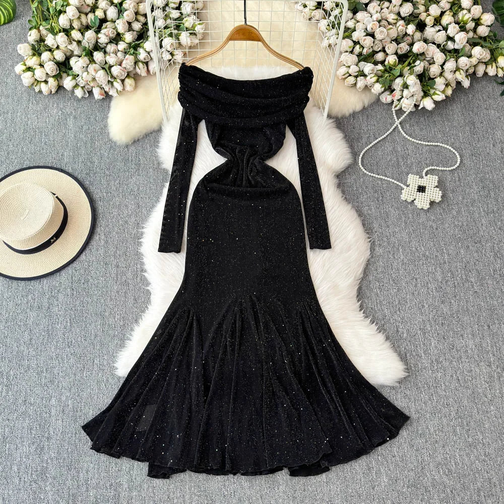 Glitter Sequin Slash Neck Mermaid Long Dress
