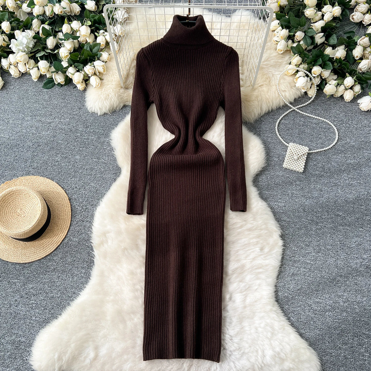 Turtleneck Knit Long Sleeve Maxi Dress