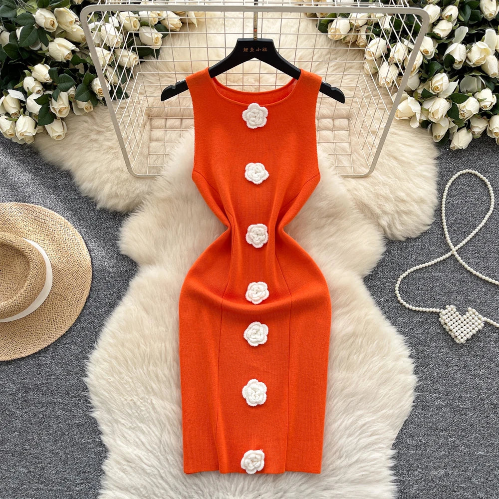 3D Flower Sleeveless Knit Mini Dress