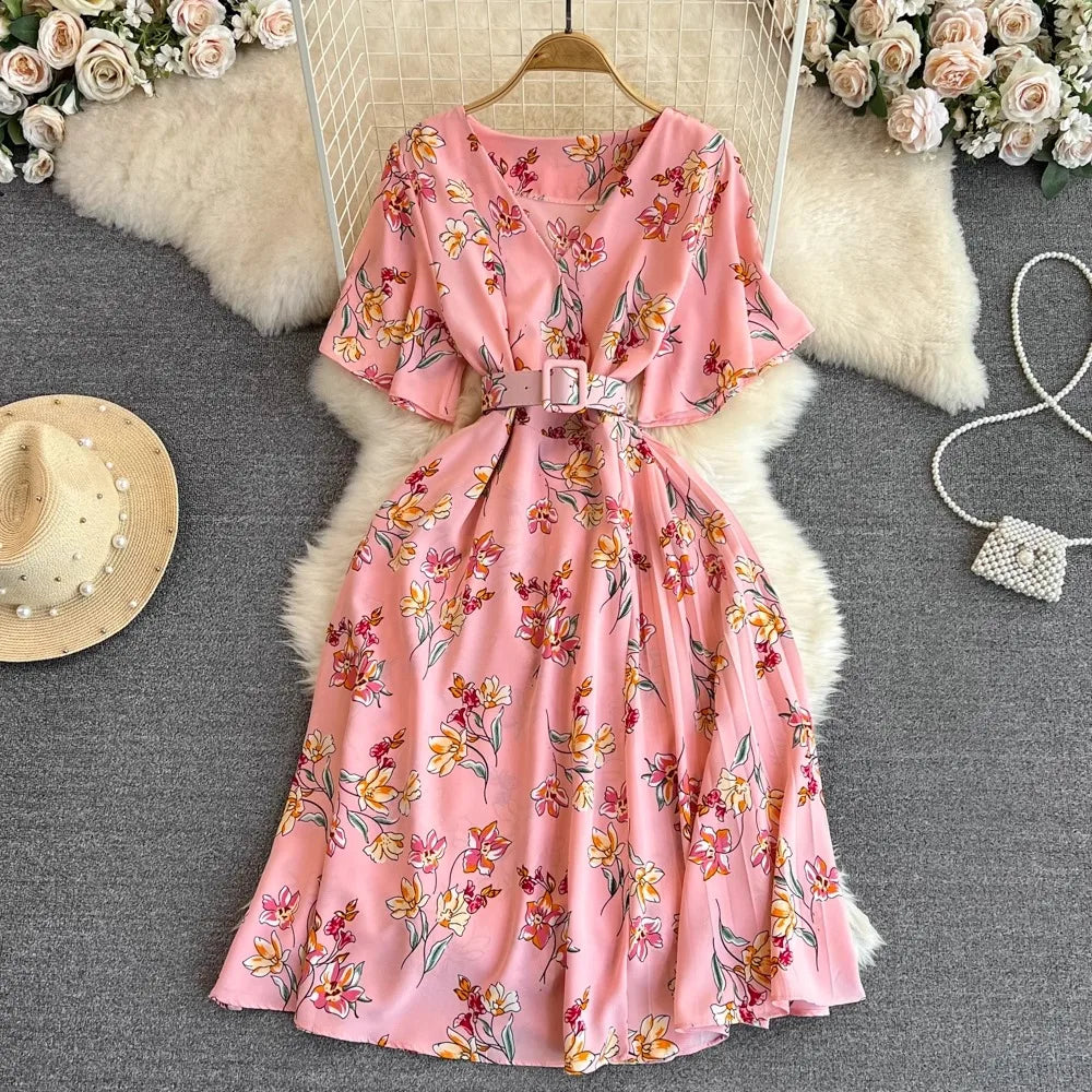 Floral V-Neck Belted Maxi Dress