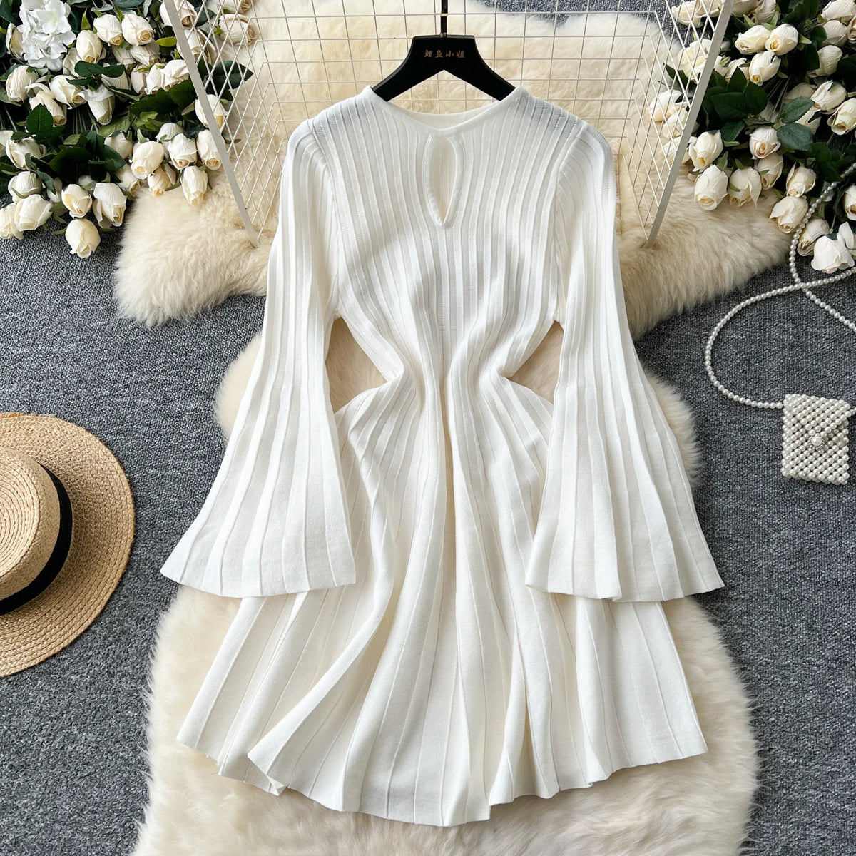 Openwork Knit Flare Sleeve A-Line Dress