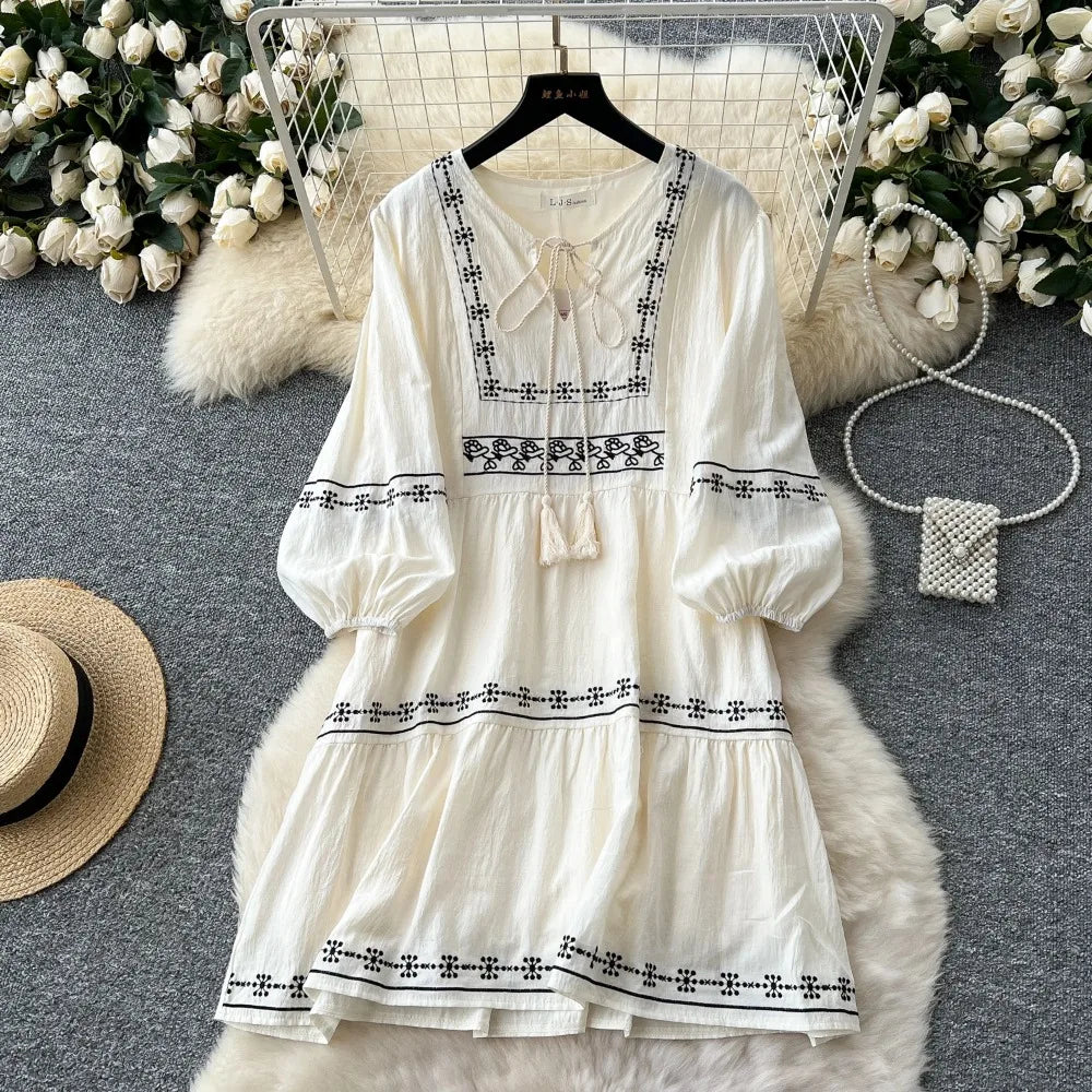 Embroidered Tassel V-Neck Dress