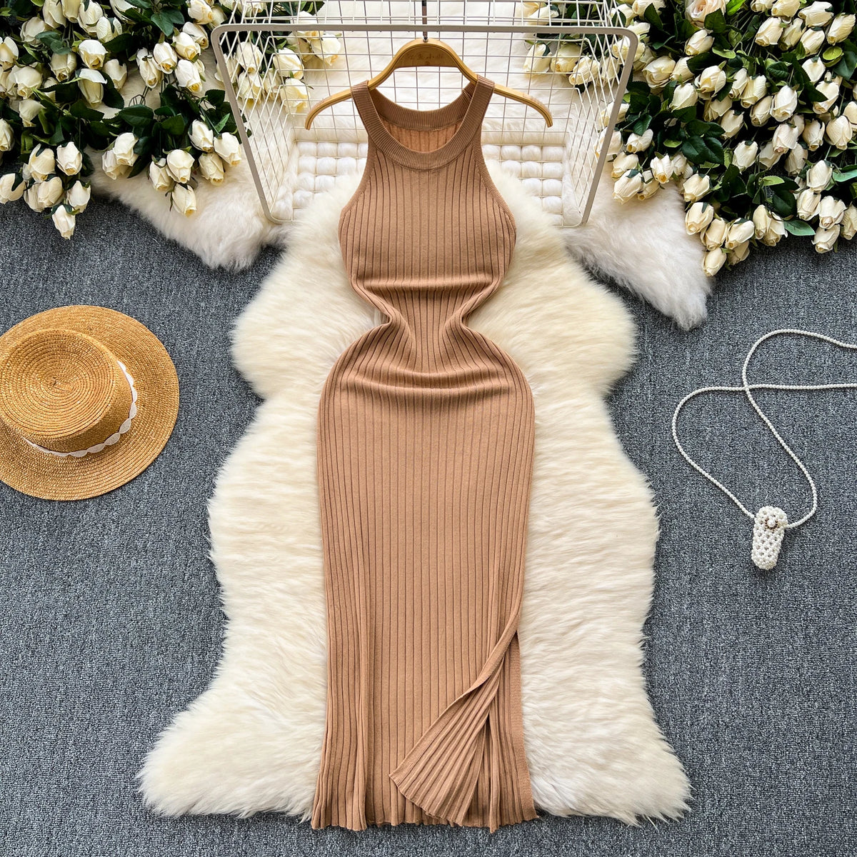 Halter Off-Shoulder Split Knit Dress