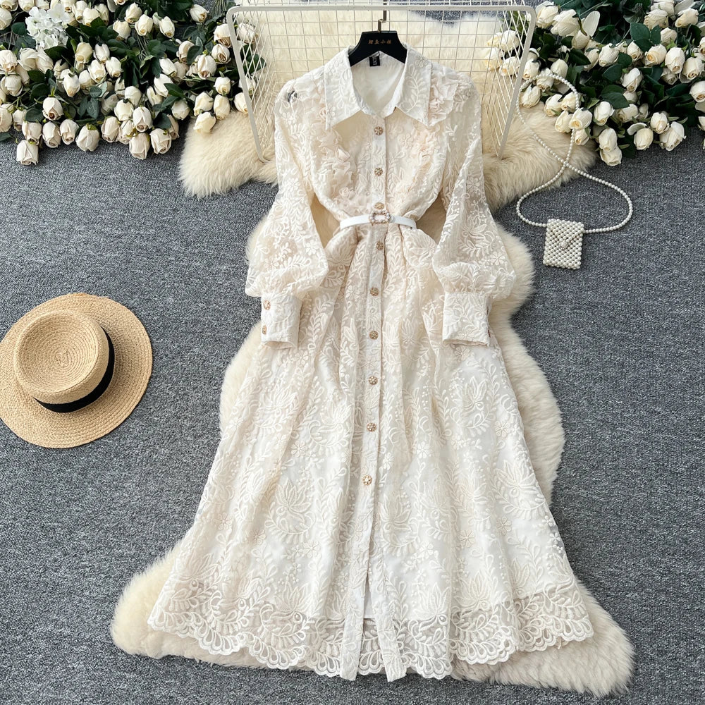 Embroidered Spliced Button Dress