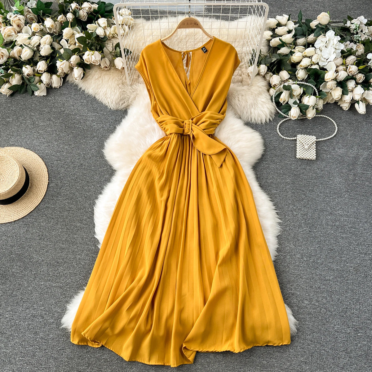 Pleated Chiffon Sleeveless A-Line Dress