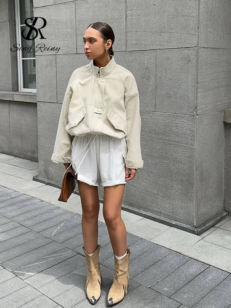 Oversized Stand Collar Denim Jacket