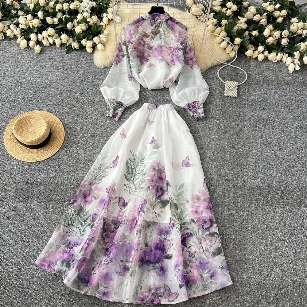 Print Lantern Sleeve Top and Maxi Skirt Set
