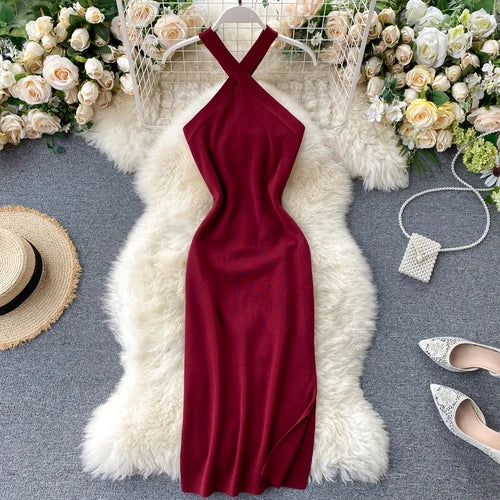 Halter Criss-Cross Backless Knit Dress