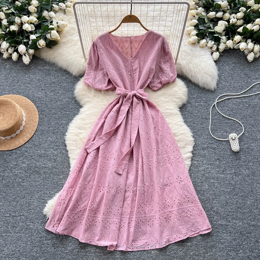 Crochet Puff Sleeve Pleated Maxi Dress