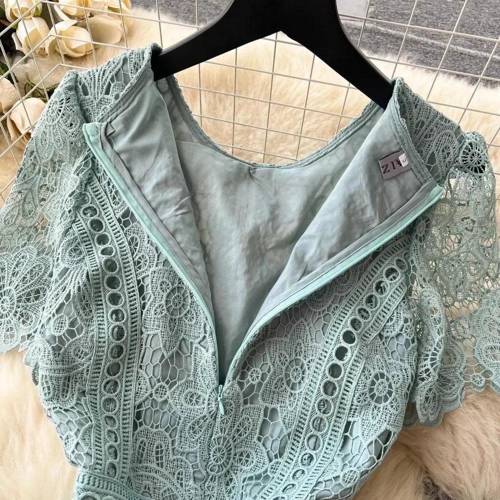 Solid Lace Cutout Ruffle Sleeve Long Dress
