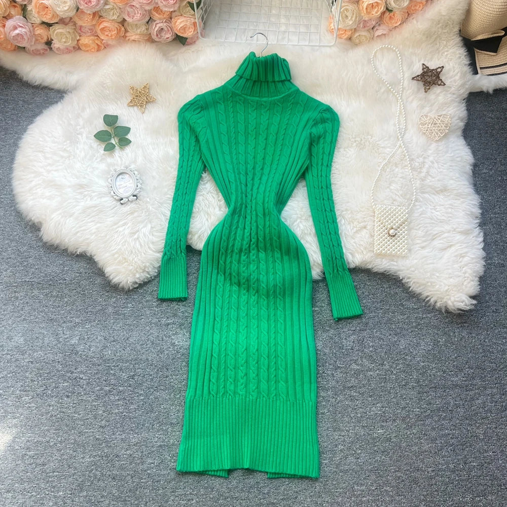 Twist Turtleneck Knit Sweater Dress
