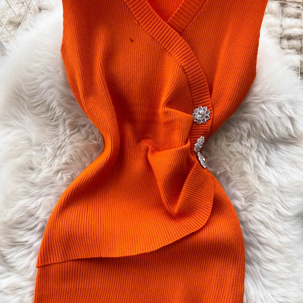 Sleeveless Button Knit Bodycon Dress