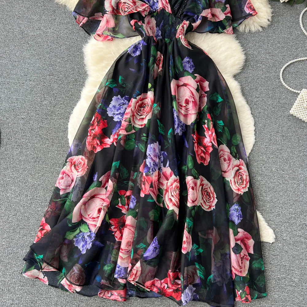 Retro Print Ruffle V-Neck A-Line Dress