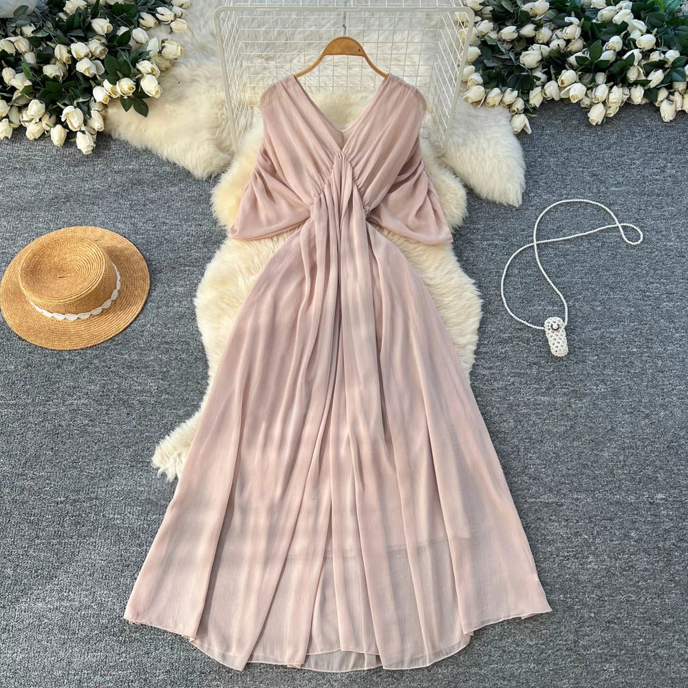 Solid Ruched Chiffon V-Neck Boho Dress